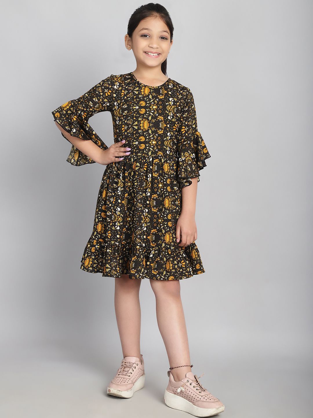 

Baawri Girls Floral Printed Bell Sleeve Fit & Flare Dress, Yellow