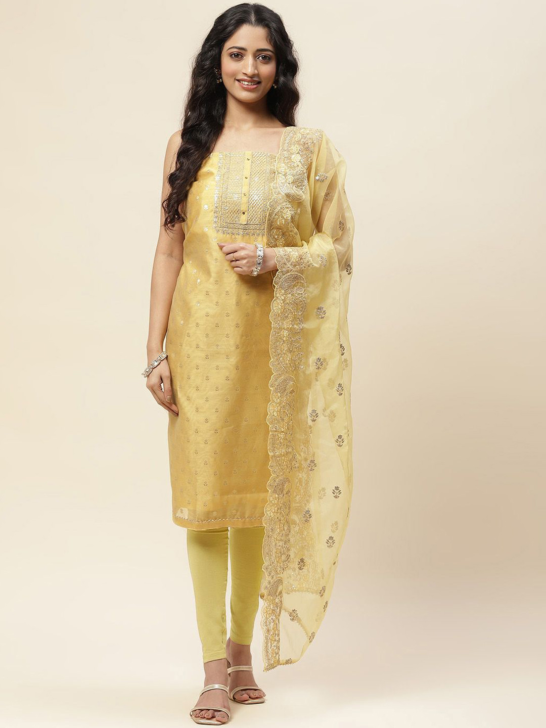 

Meena Bazaar Floral Woven Design Sequinned Chanderi Unstitched Dress Material, Yellow
