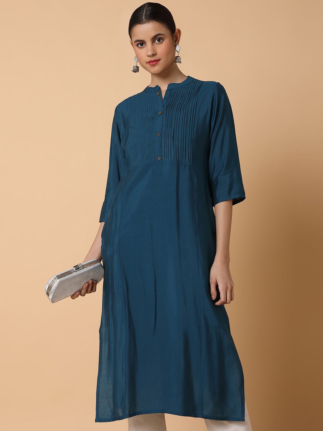 

SHOWOFF Mandarin Collar Pleated Straight Kurta, Teal