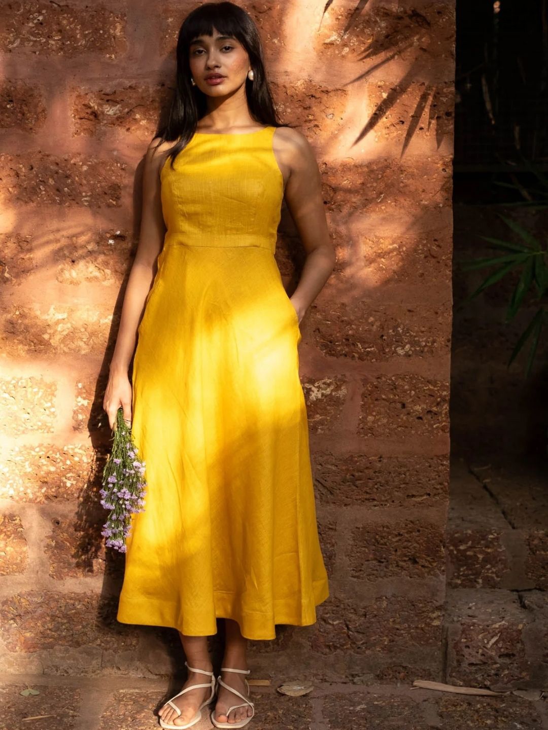

Creatures of Habit Women Linen Cutaway Maxi Dress, Mustard