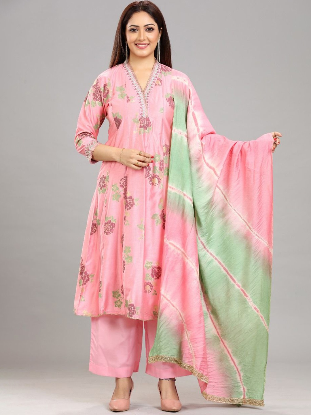 

COTTON CULTURE Floral Printed Regular A-Line Kurta With Palazzos & Dupatta, Peach