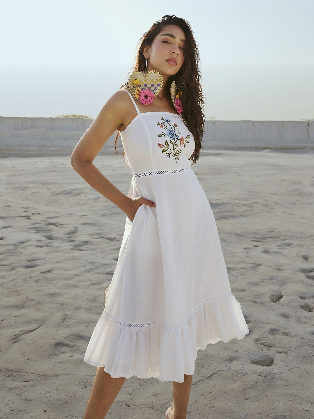 

ZACCAI Pure Cotton Embroidered Fit and Flare Midi Dress, White