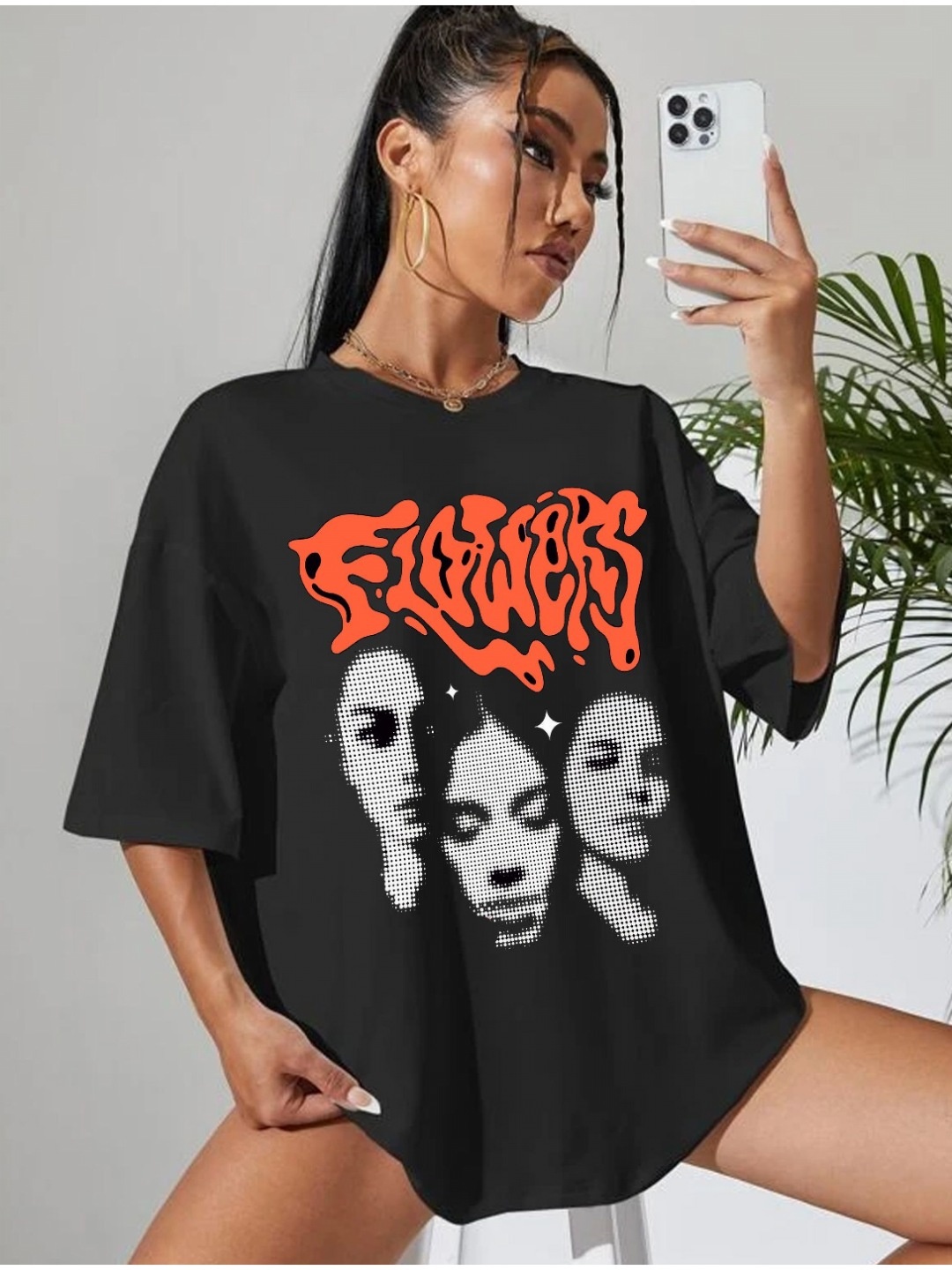 

TABADTOD Women Graphic Printed Drop Shoulder Sleeves Oversized T-shirt, Black