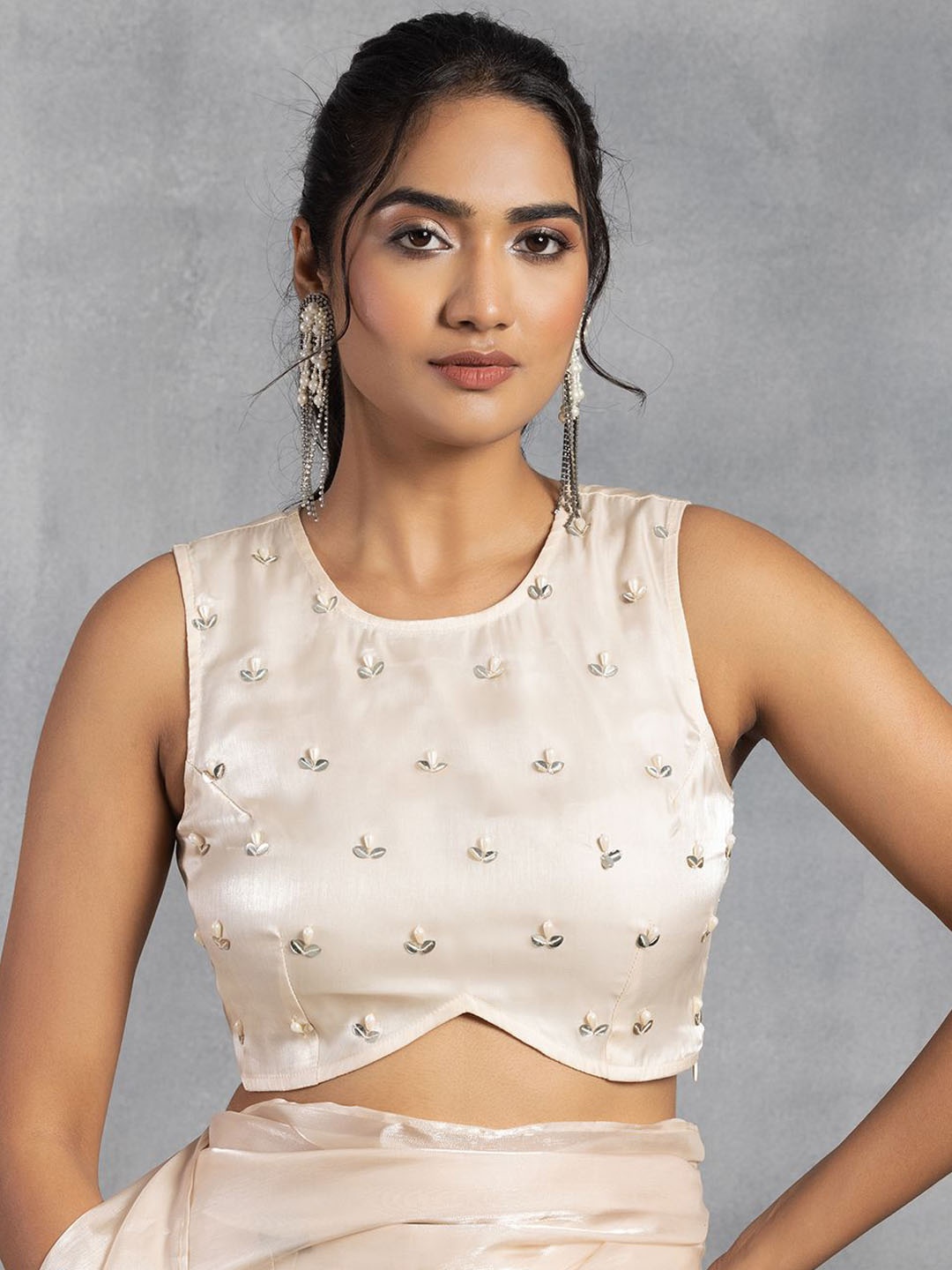 

Rang by Indya Hand Embroidered Round-Neck Saree Blouse, Off white