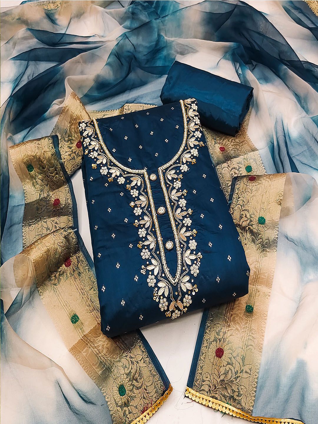 

Lilots Floral Woven Design Modal Silk Zari Unstitched Dress Material, Blue