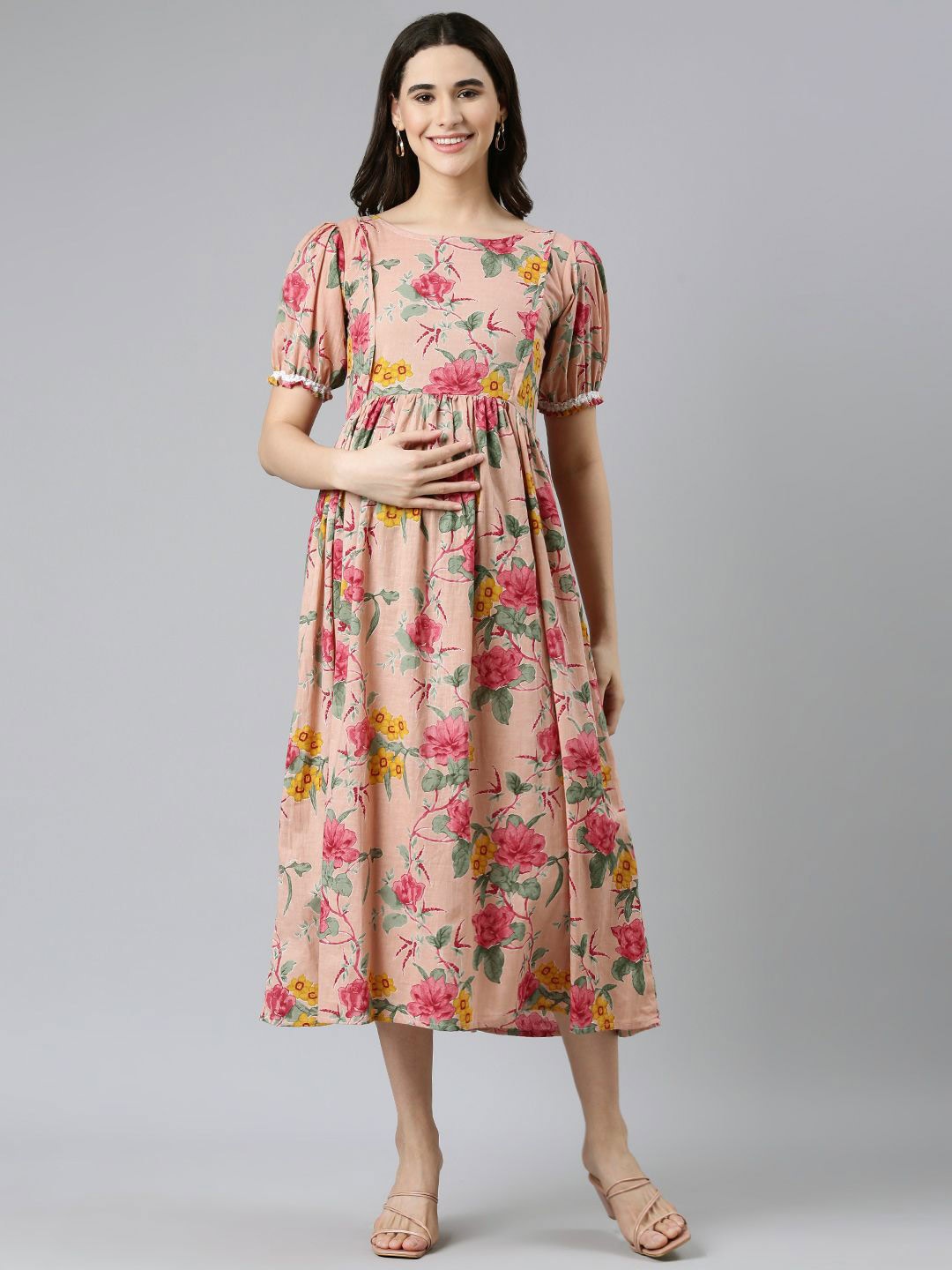 

Swishchick Floral Print Puff Sleeve Maternity Empire Midi Dress, Pink