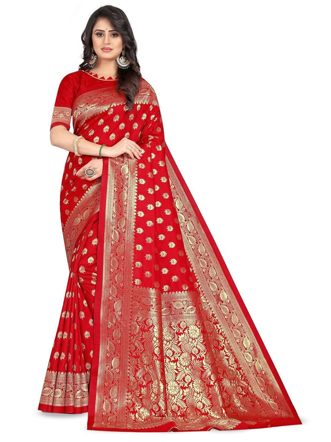

LEAFFEB Woven Design Zari Pure Silk Banarasi Saree, Red