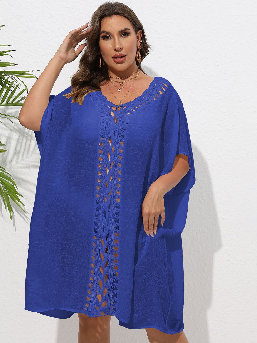 

LULU & SKY Self Design Plus Size Swimwear Cover Up Top, Blue