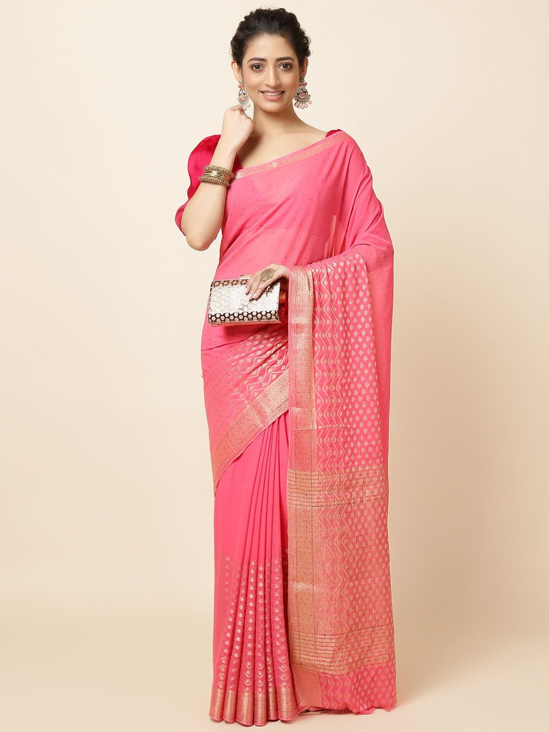 

Meena Bazaar Ethnic Motif Zari Woven Saree, Pink