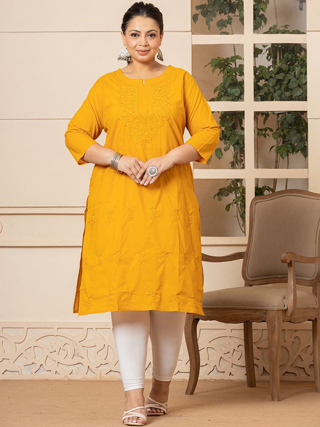 

Yufta Plus Size Floral Embroidered Notch Neck Pure Cotton Straight Kurta, Mustard