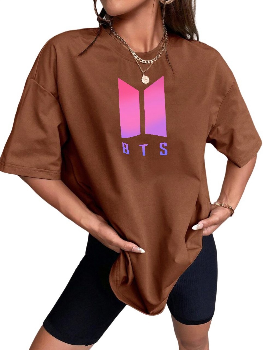 

TABADTOD Women Typography V-Neck Applique T-shirt, Brown