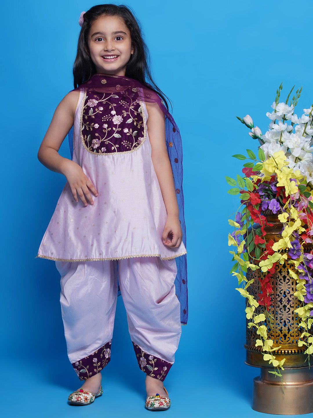

Little Bansi Girls Embroidered Sequinned A-Line Cotton Silk Kurta With Salwar & Dupatta, Violet