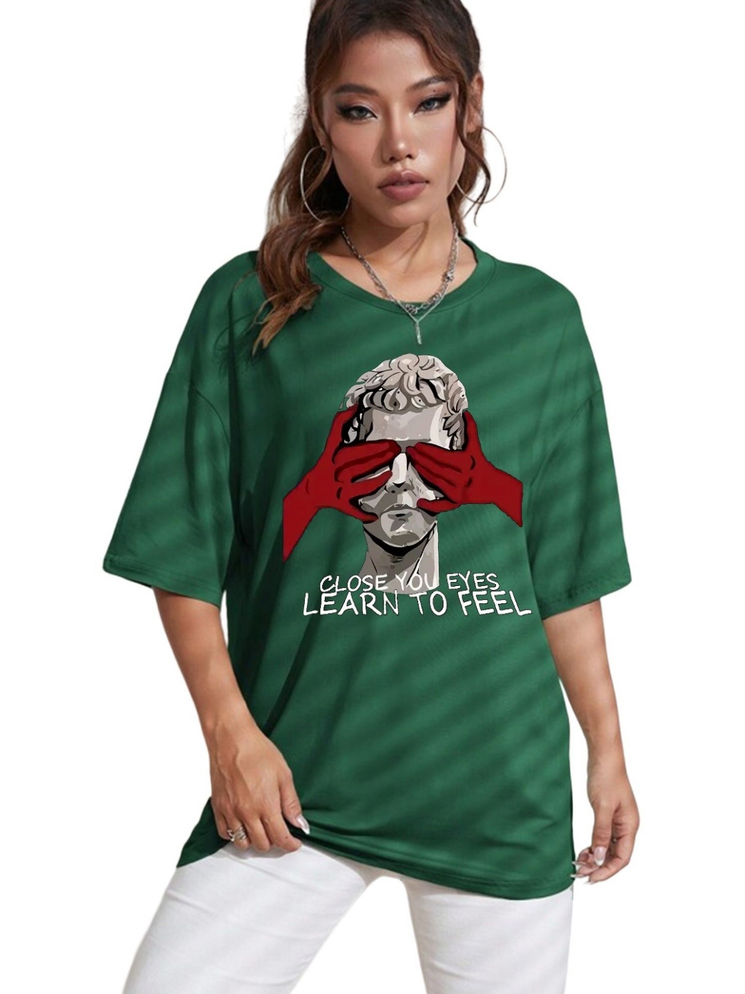 

TABADTOD Women Typography Printed V-Neck Extended Sleeves T-shirt, Green