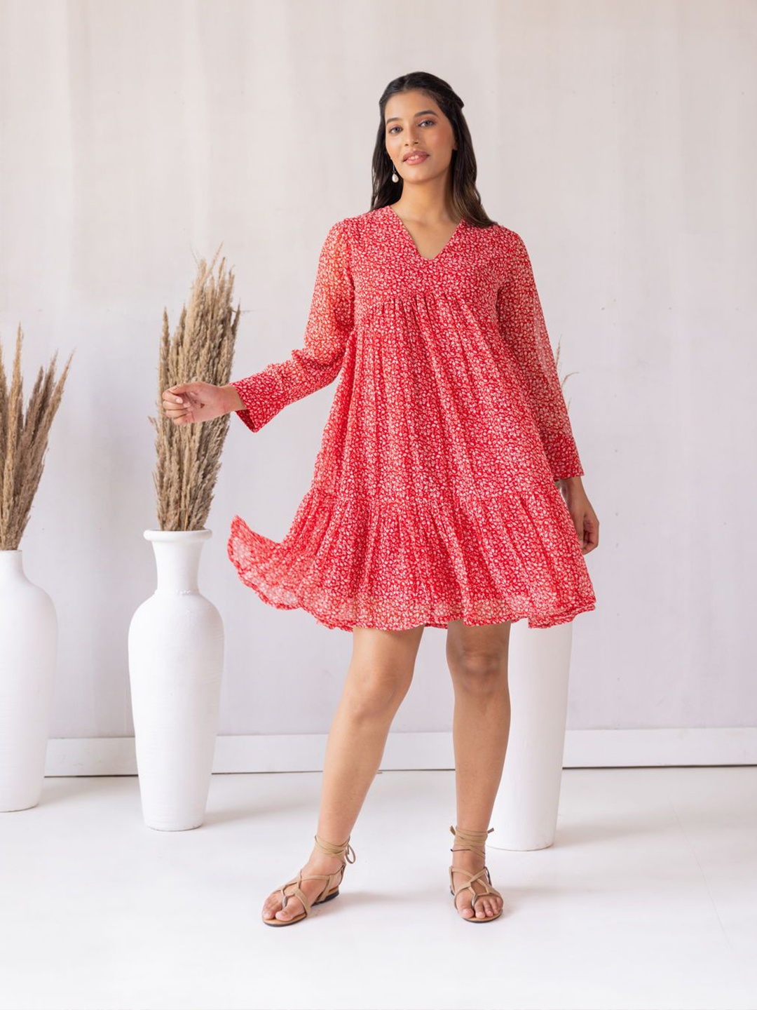 

Polago Clothing Printed V Neck Fit and Flare Dress, Red