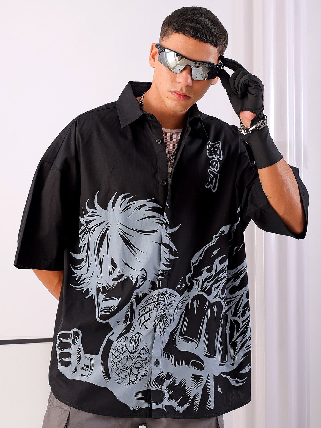 

The Indian Garage Co Men Anime Printed Cotton Oversized Boxy Streetwear Shirt, Black