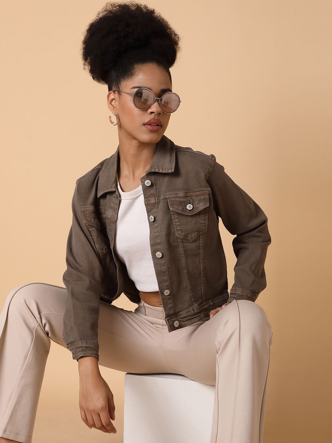 

SHOWOFF Women Washed Windcheater Crop Denim Jacket, Brown