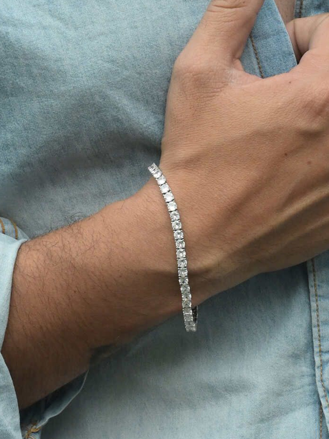 

PALMONAS Men Crystals Silver Plated Stainless Steel Wraparound Bracelet