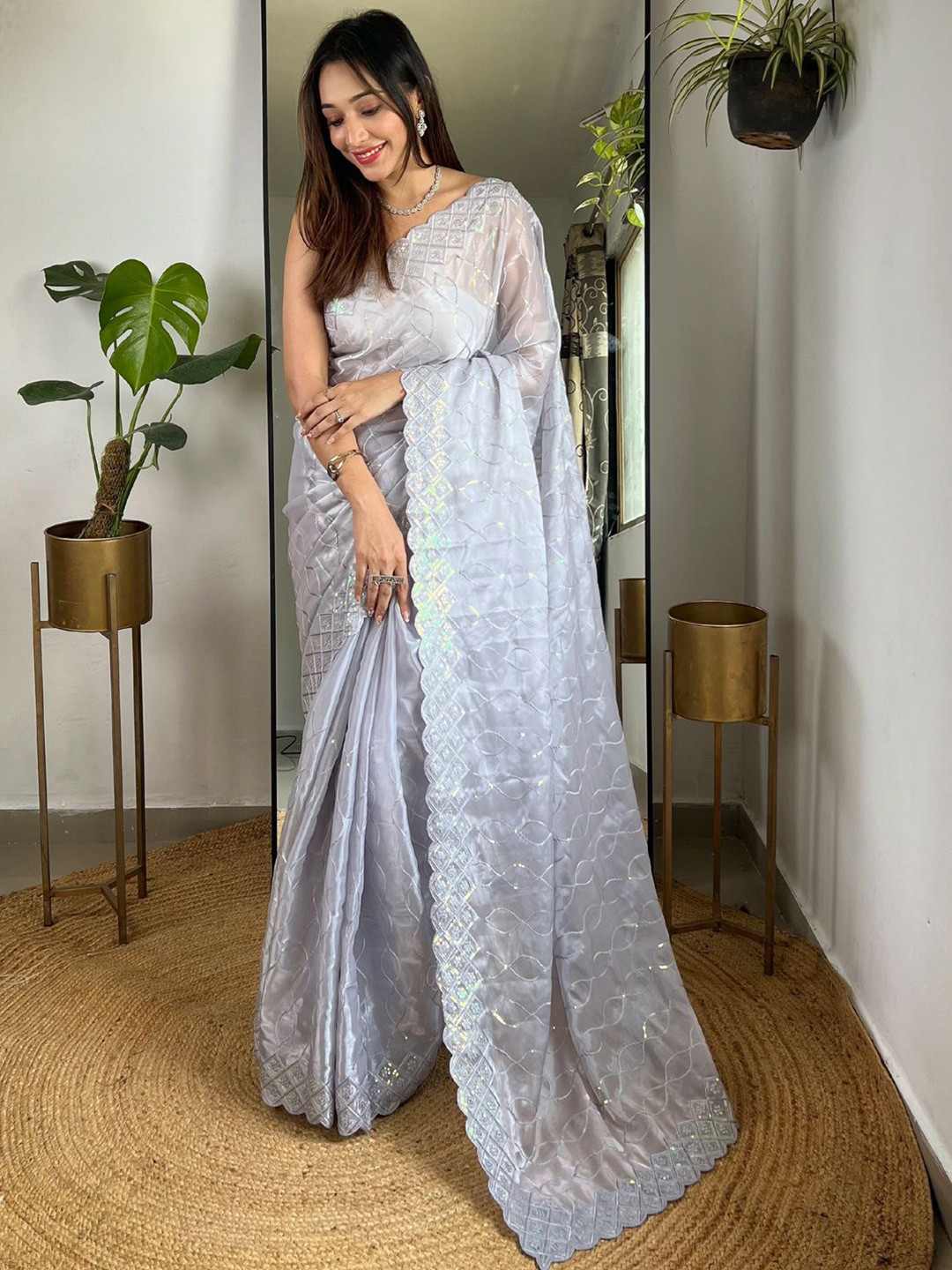 

Mitera Embellished Sequinned Saree, Grey