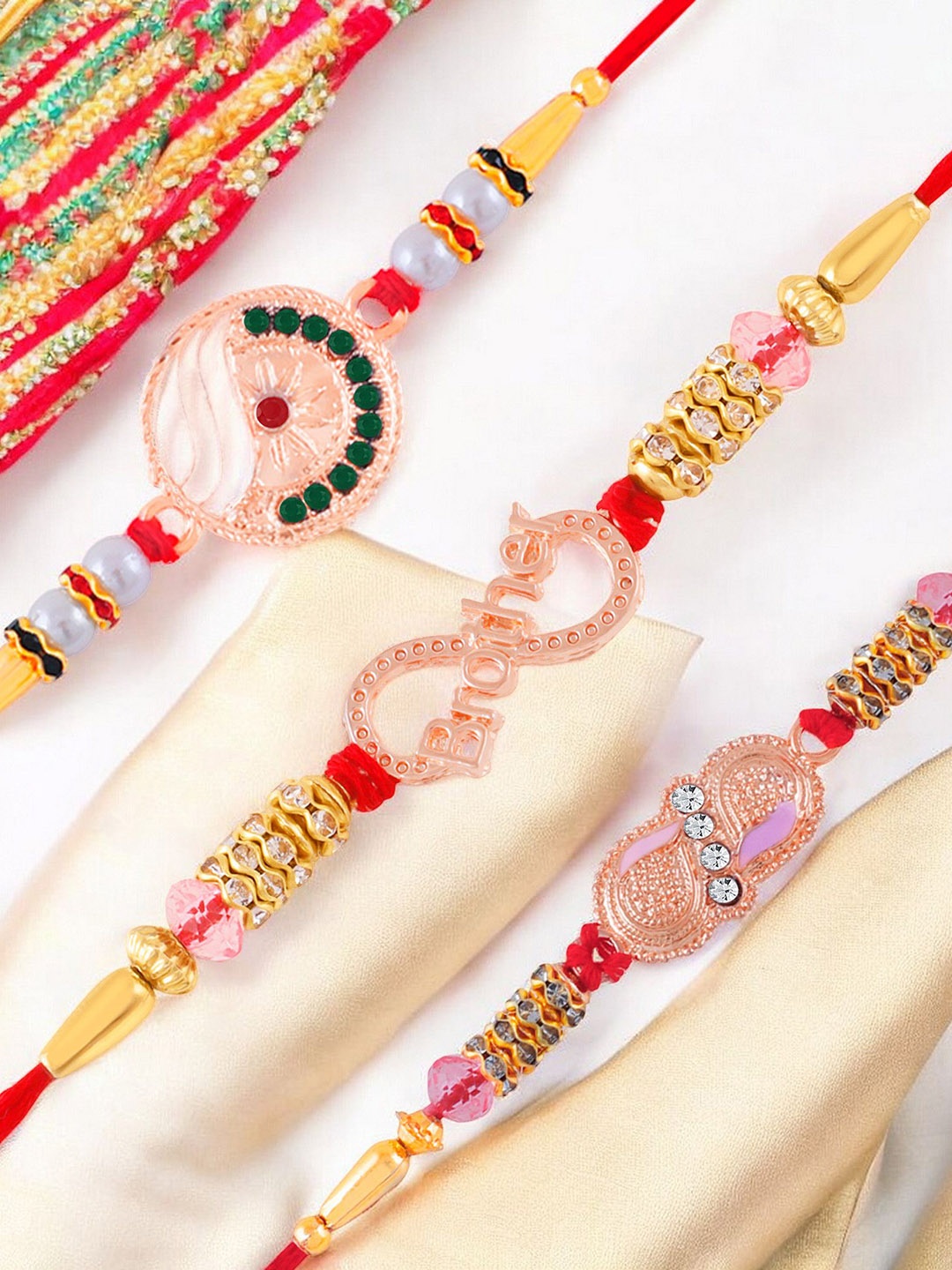 

Okos Set of 3 Beaded Meenakari Thread Rakhis, Rose gold