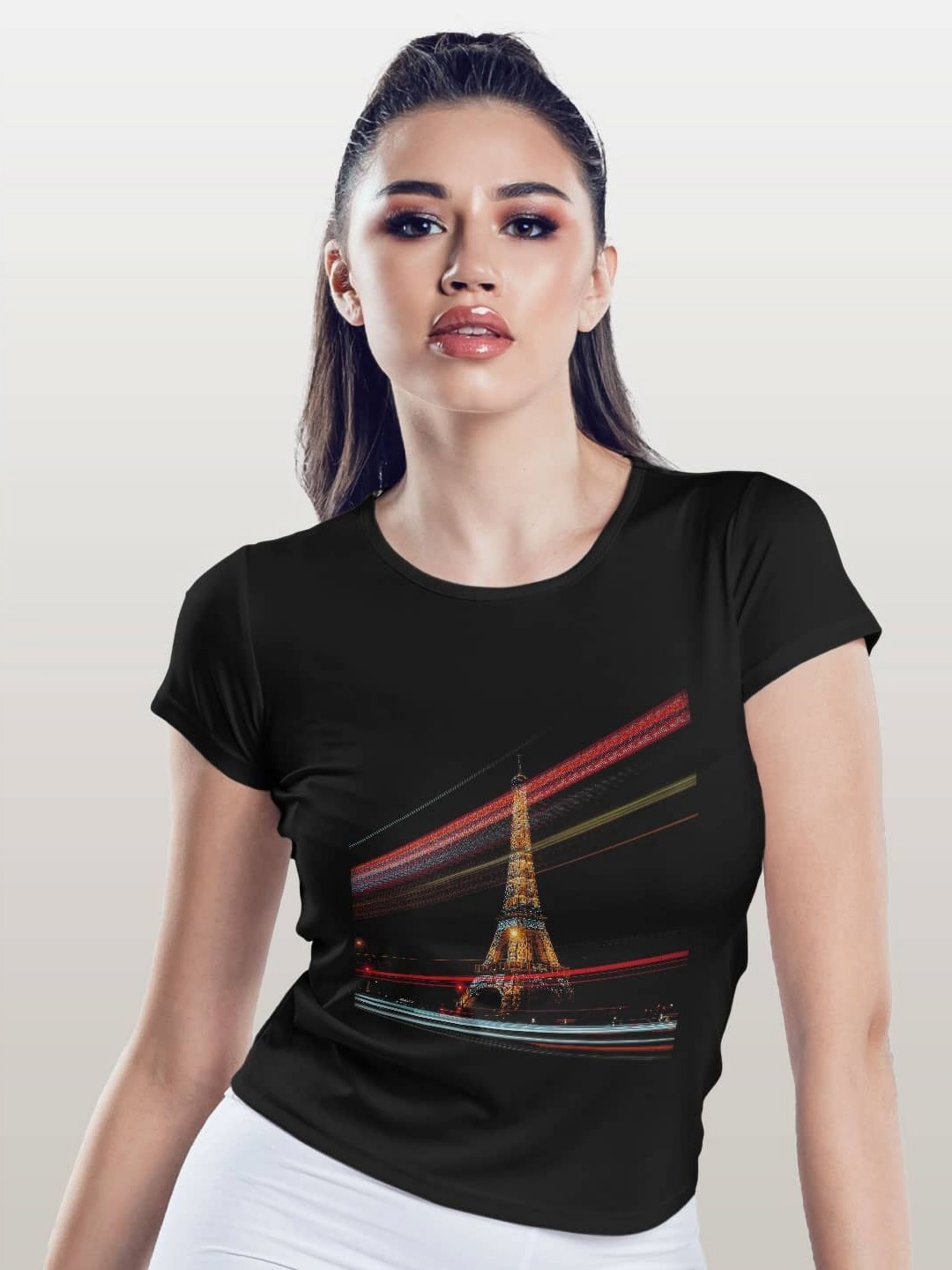 

macmerise Women Printed Applique T-shirt, Black