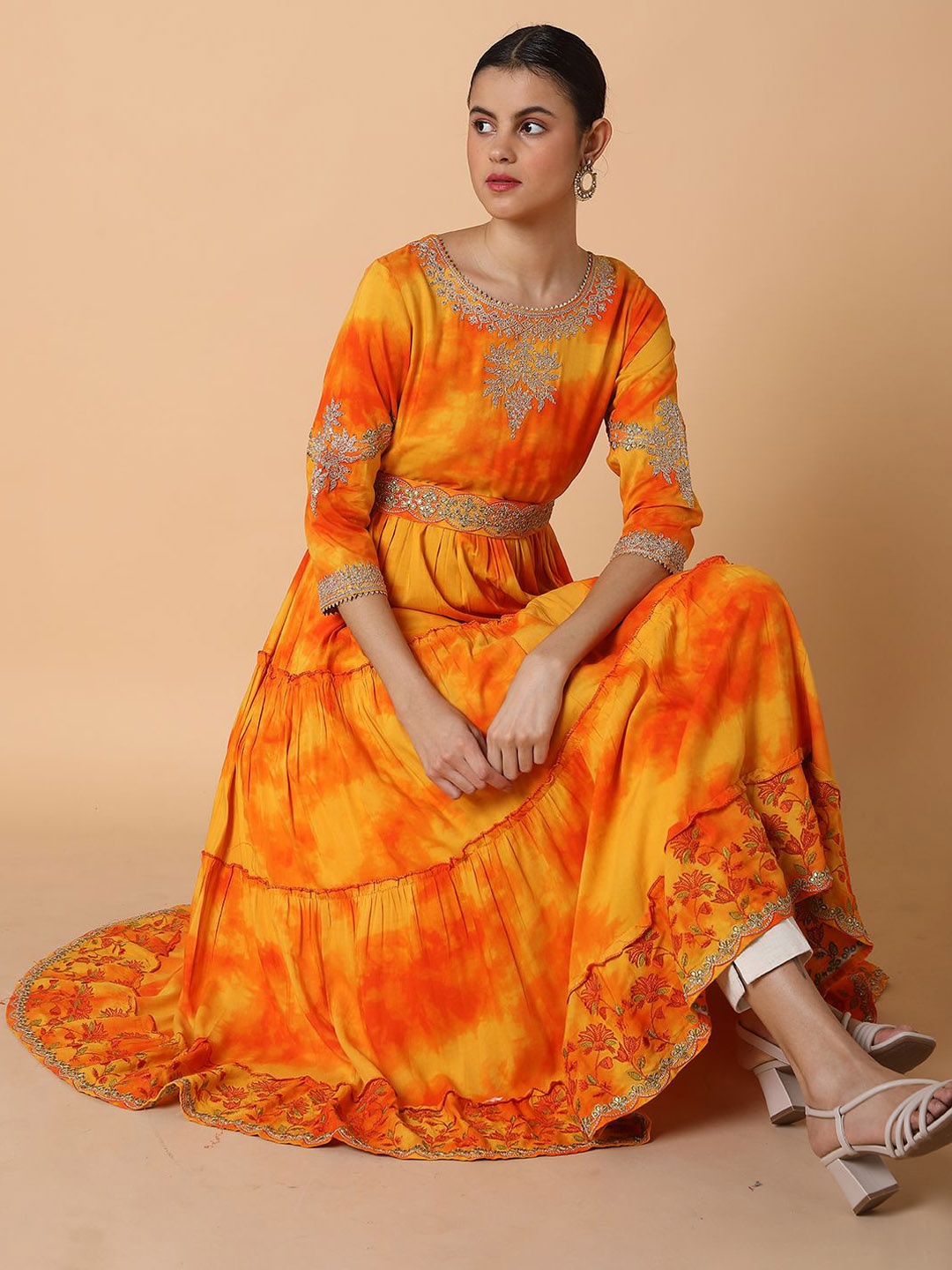 

SHOWOFF Abstract Printed Beads and Stones Tiered Anarkali Kurta, Orange