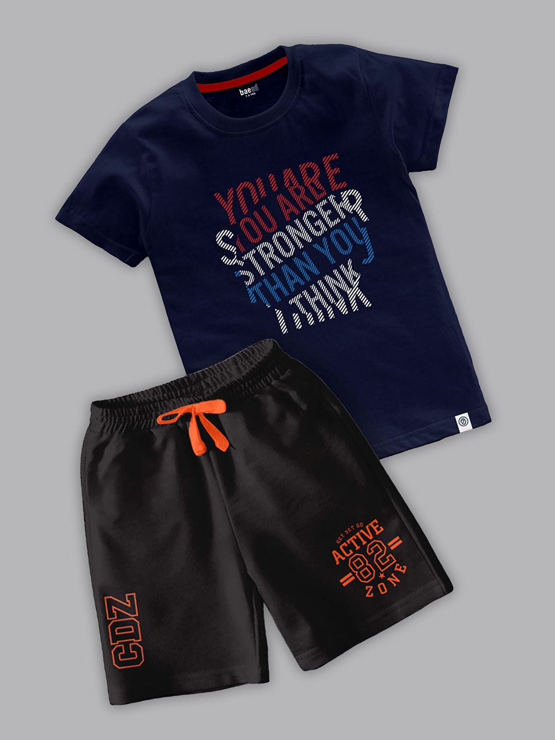 

BAESD Boys Typography Printed Round Neck T-shirt With Shorts, Navy blue