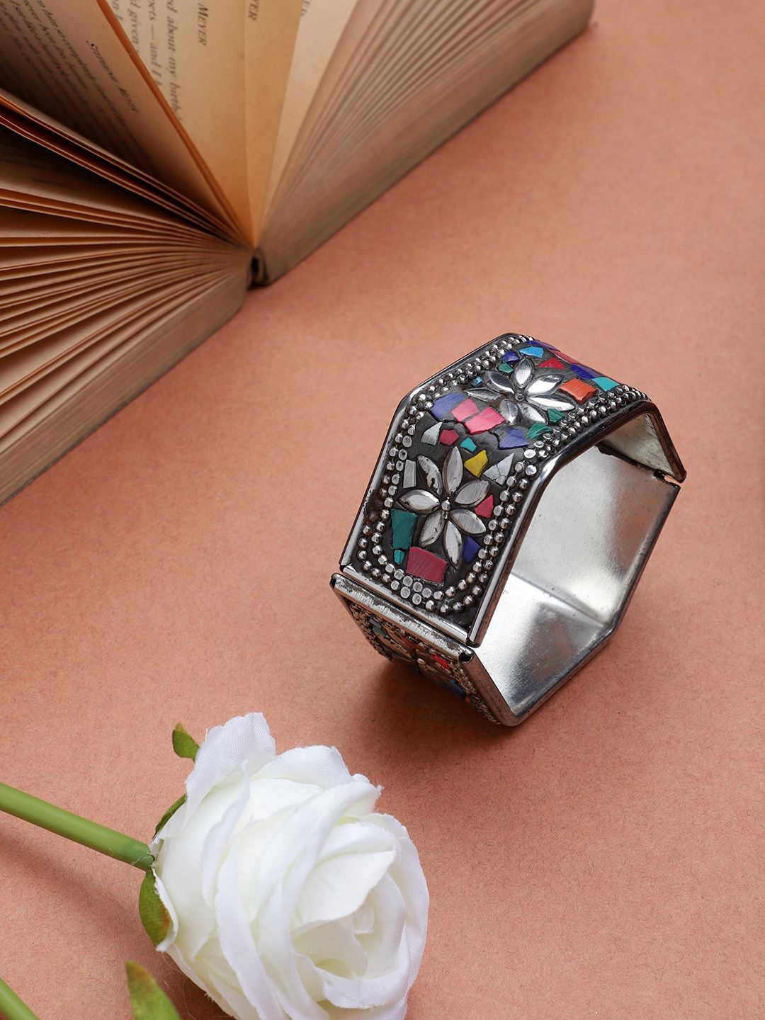 

CARDINAL Brass-Plated Meenakari Stone Studded Oxidised Cuff Bracelet, Silver