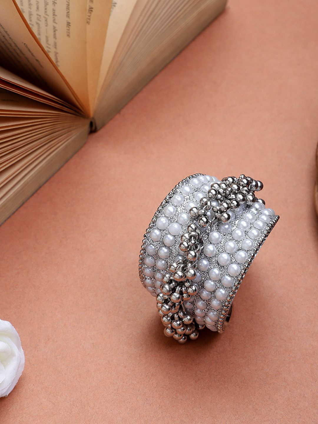 

CARDINAL Brass-Plated Beaded Oxidised Cuff Bracelet, Silver