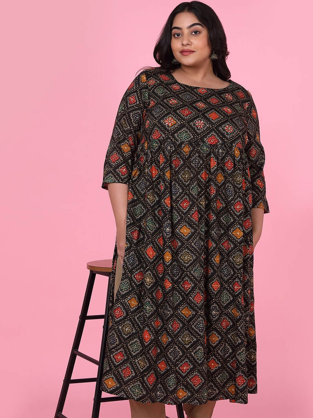 

SHOWOFF Plus Size Ethnic Motifs Printed Beads & Stones A-Line Kurta, Black