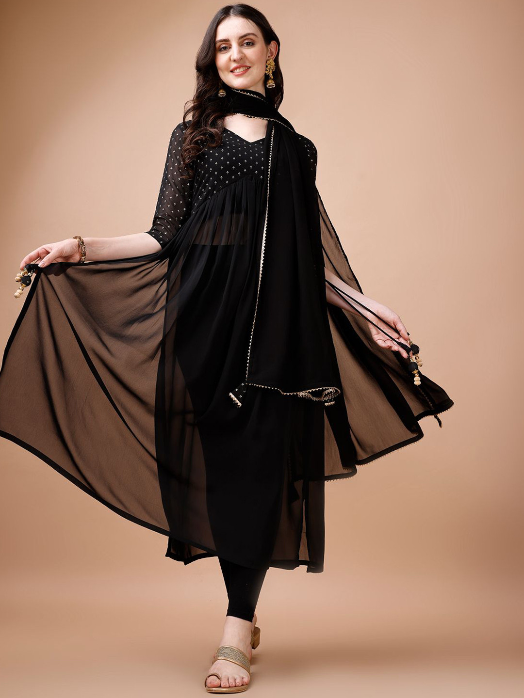 

TextileNow Ethnic Motifs Yoke Designed V-Neck Empire A-Line Georgette Kurta With Dupatta, Black