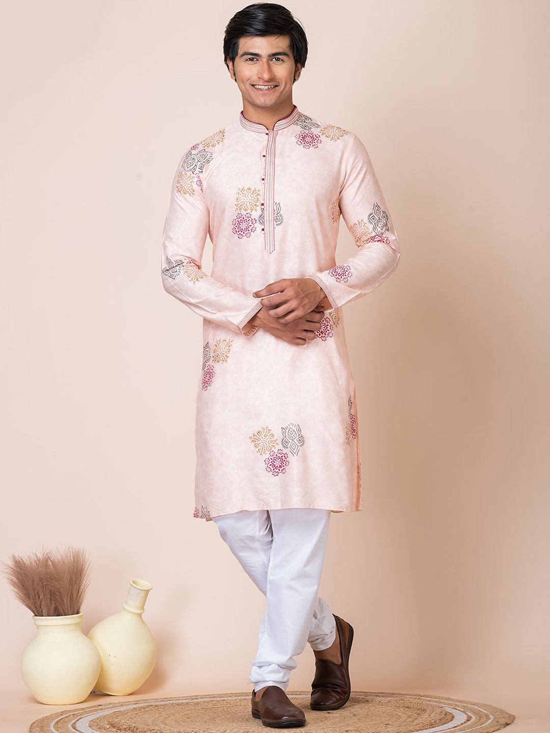 

HU - Handcrafted Uniquely Floral Printed Mandarin Collar Straight Silk Kurta, Pink