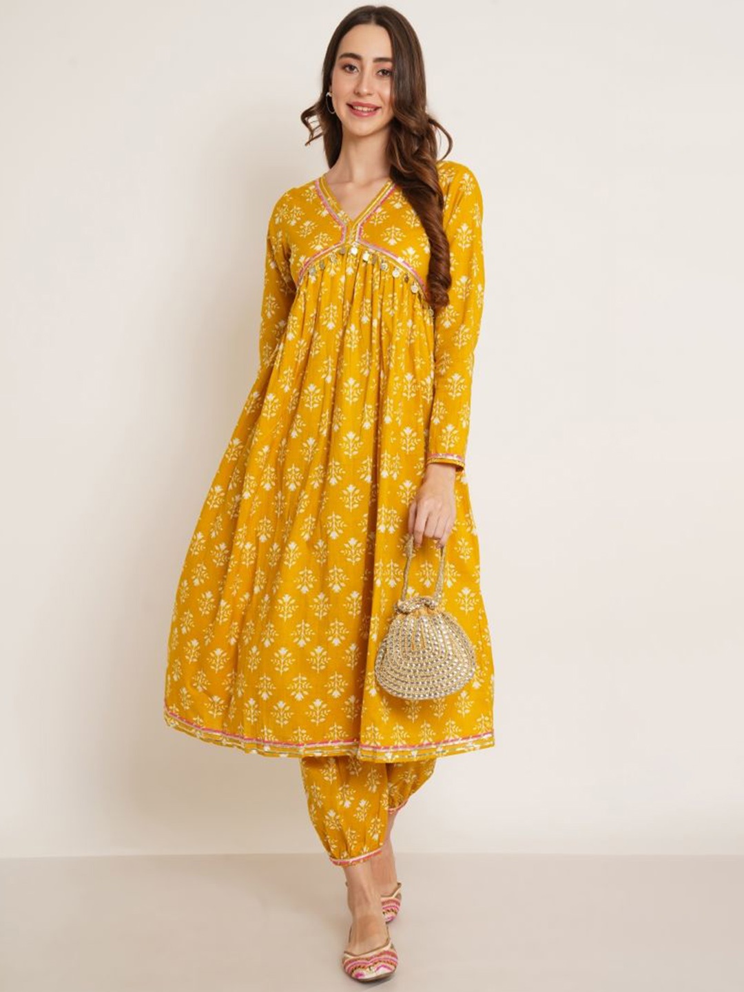 

COTLAND FASHION Floral Printed Empire Gotta Patti Pure Cotton Kurta with Salwar, Yellow