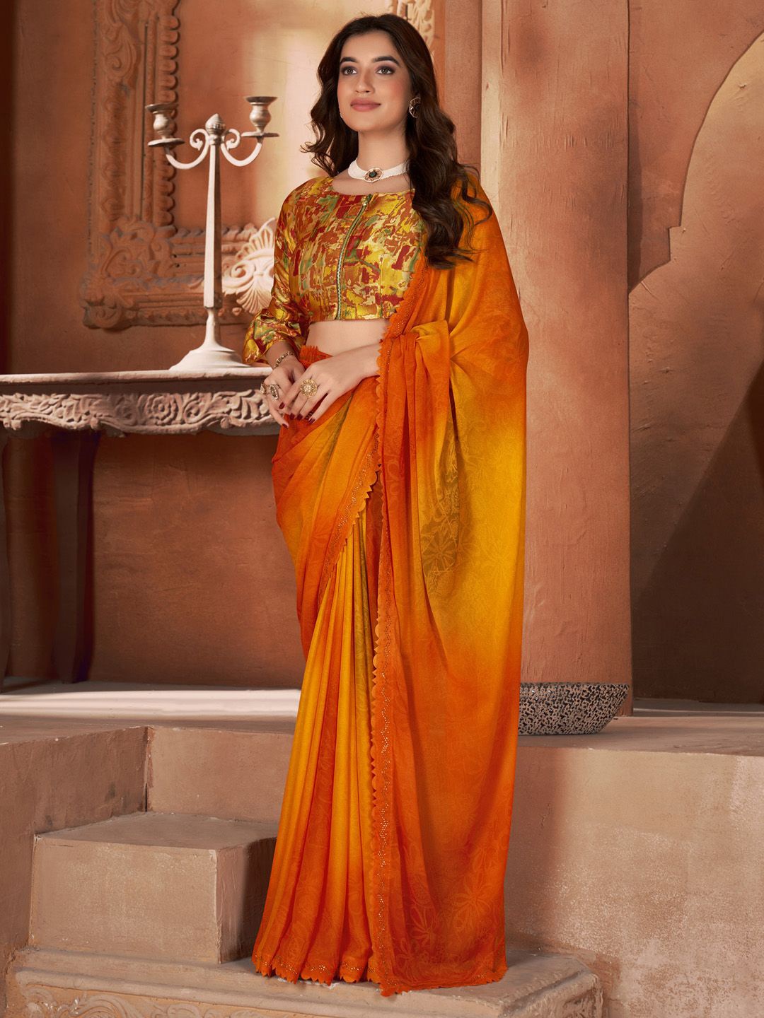 

Saree mall Poly Georgette Ethnic Motif Beads and Stones Party Sarees, Orange