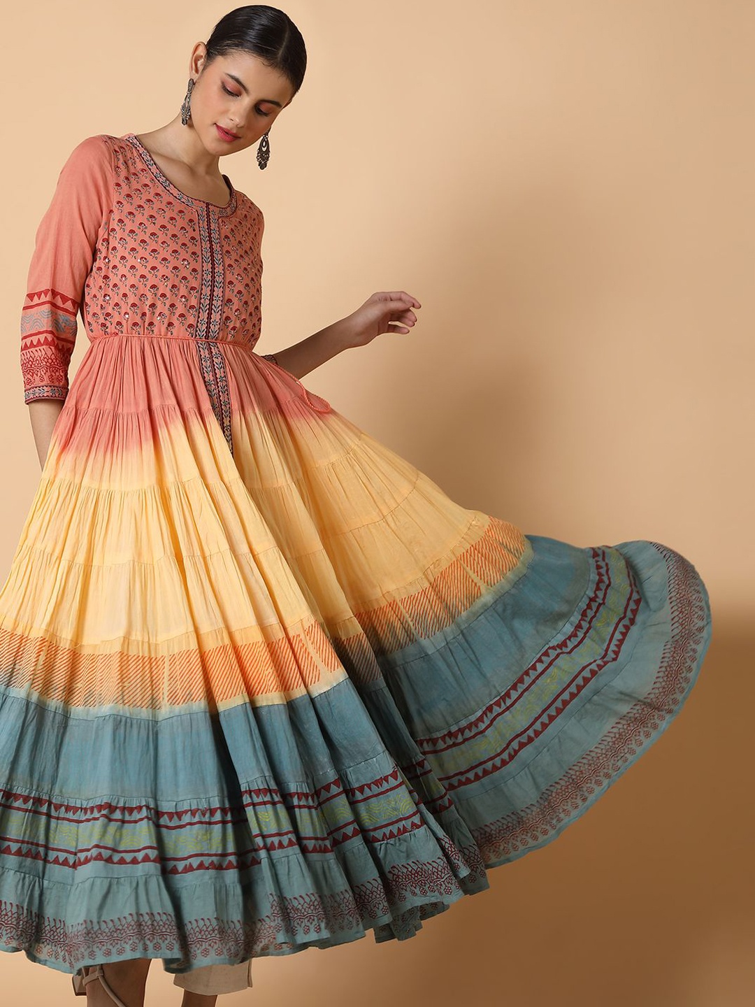 

SHOWOFF Ethnic Motifs Printed Mirror Work Anarkali Tiered Kurta, Peach