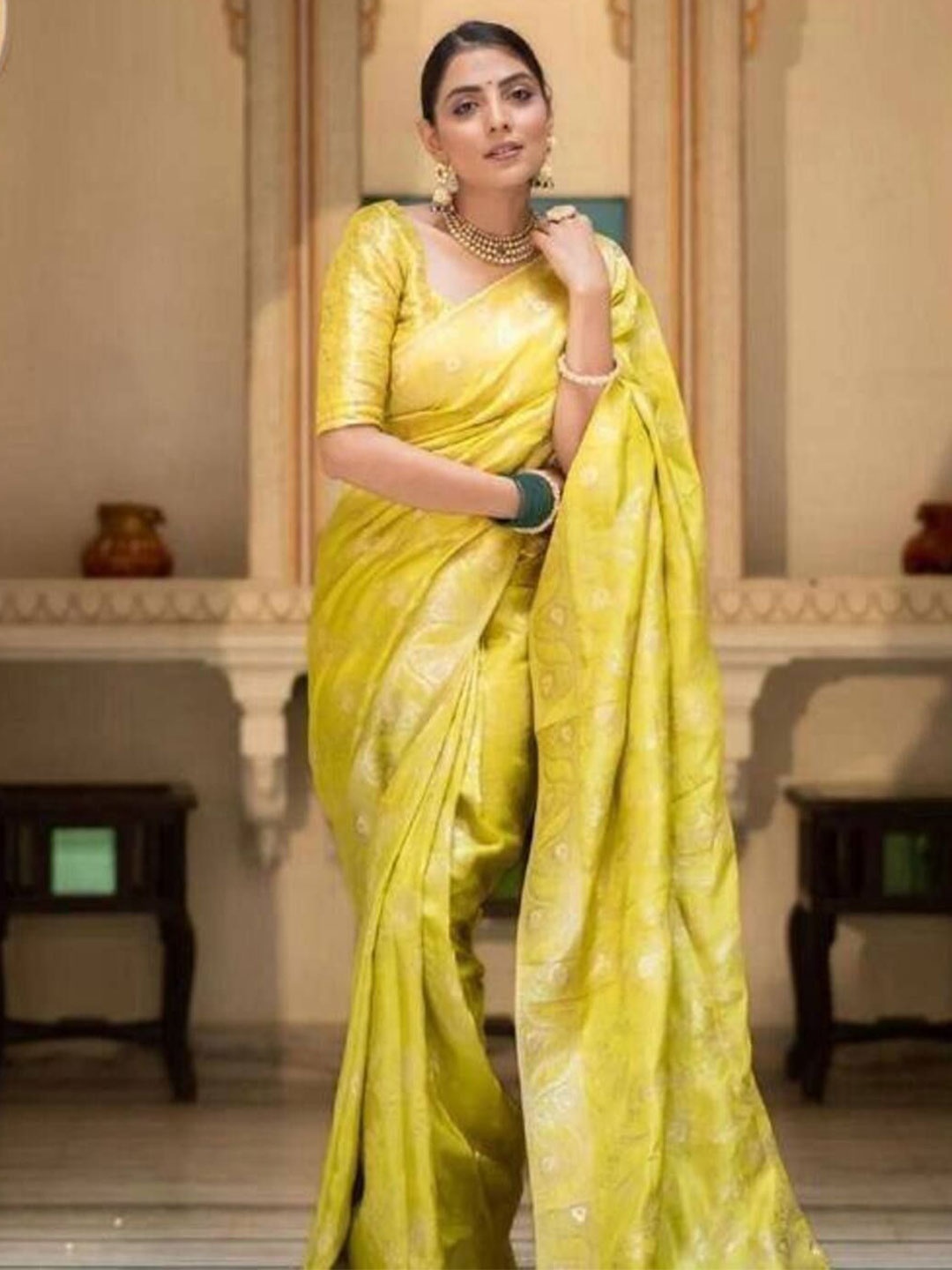 

Sitanjali Woven Design Zari Art Silk Chanderi Saree, Yellow