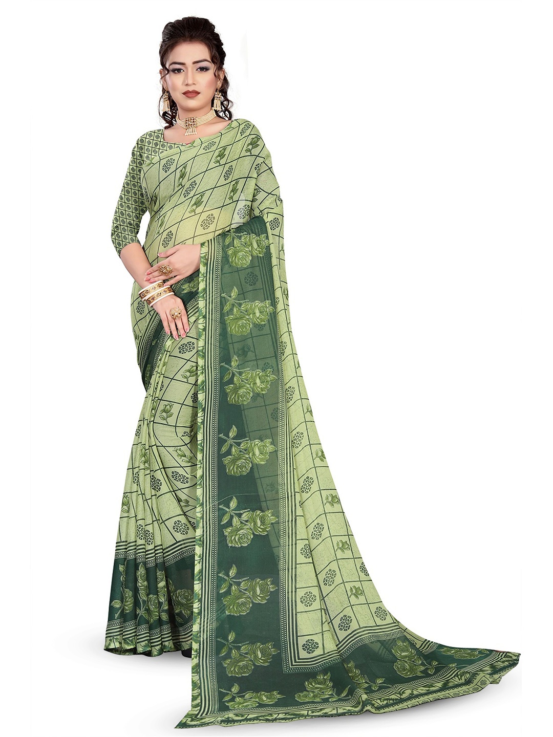 

RUNAYA NX Floral Saree, Green