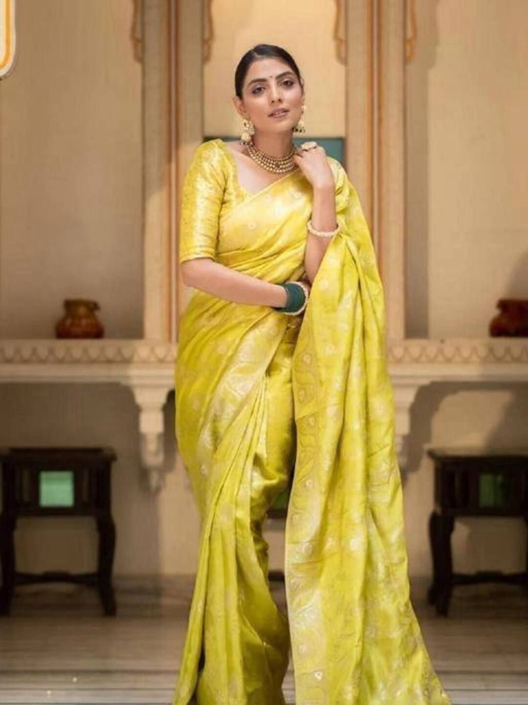 

SANJANA SILK Ethnic Motifs Zari Art Silk Chanderi Saree, Yellow