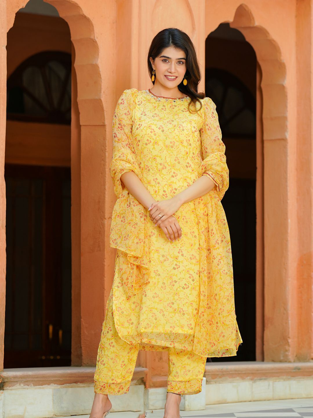 

Ambraee Floral Printed Mirror Work Silk Chiffon Straight Kurta With Trousers & Dupatta, Yellow