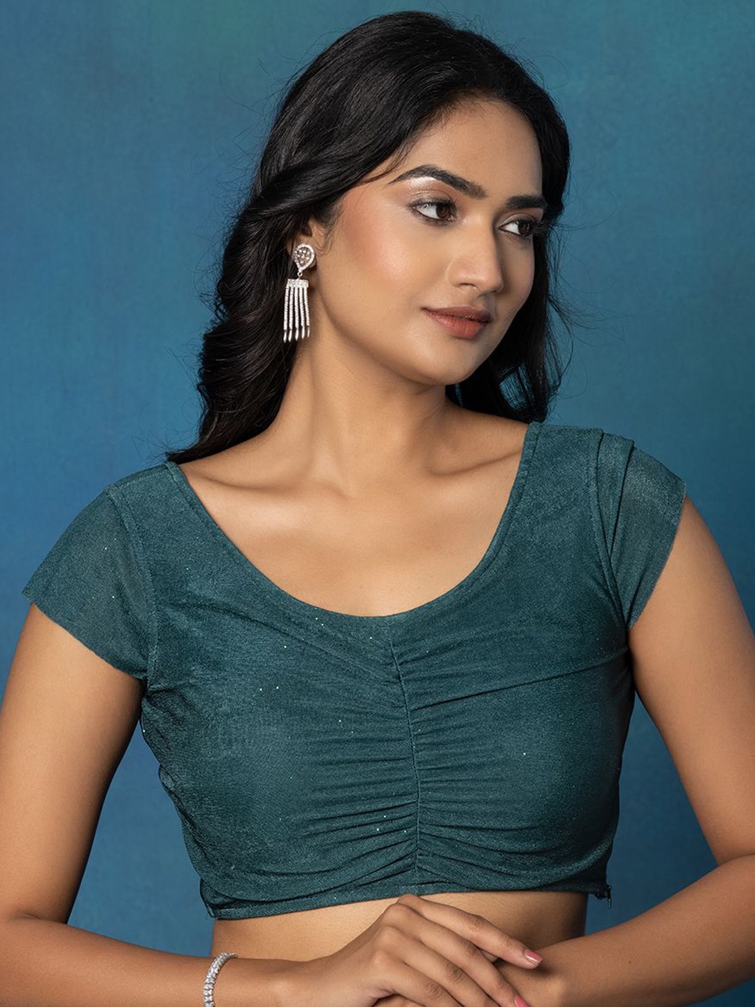 

Rang by Indya Shimmer Round Neck Saree Blouse, Green