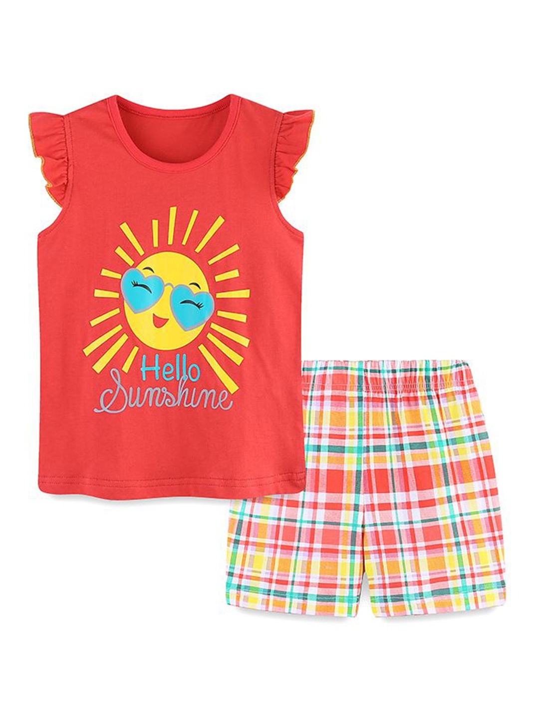 

StyleCast Girls Orange Printed Pure Cotton T-shirt with Shorts, Red