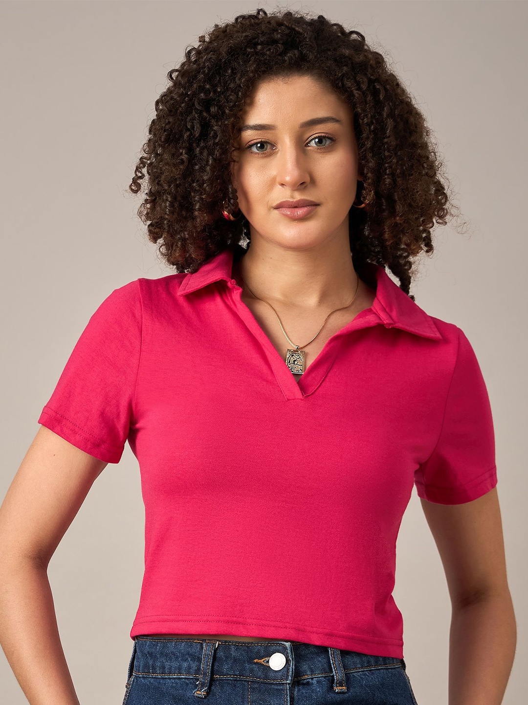

The Roadster Lifestyle Co. Women Solid Polo Collar Cotton T-shirt, Fuchsia