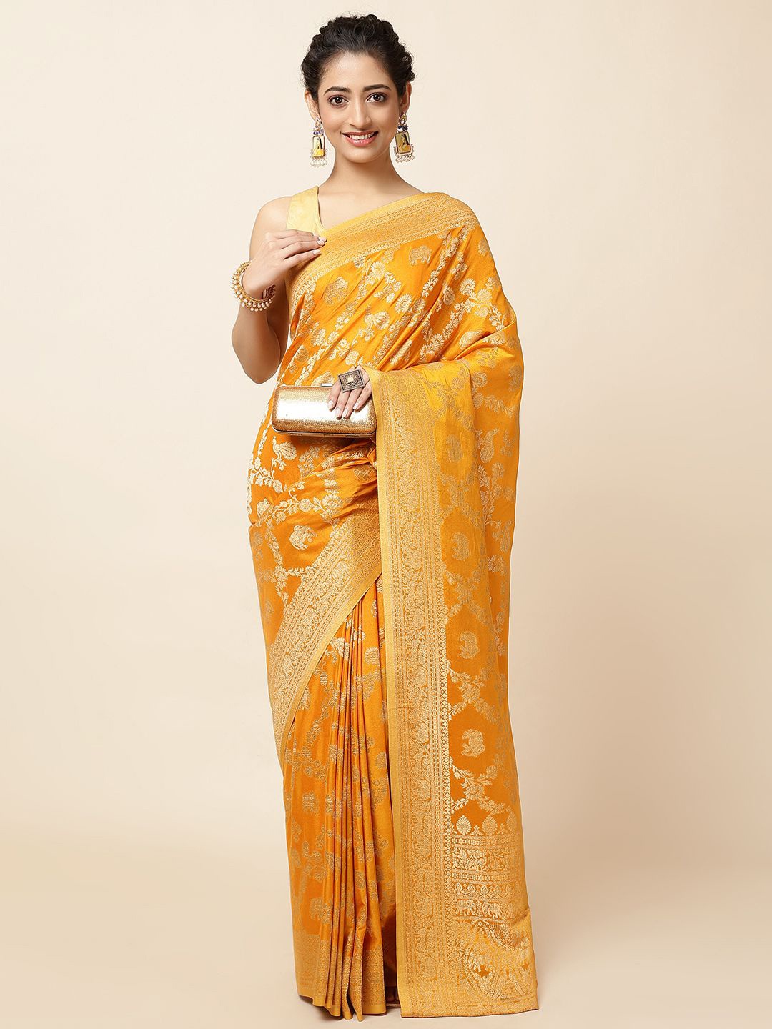 

Meena Bazaar Ethnic Motif Zari Woven Saree, Mustard