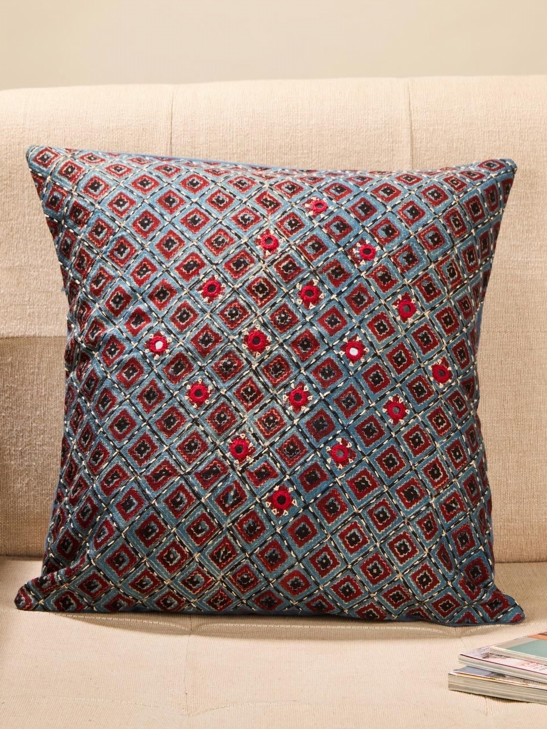 

Fabindia Blue & Red Geometric Embellished Square Cushion Covers