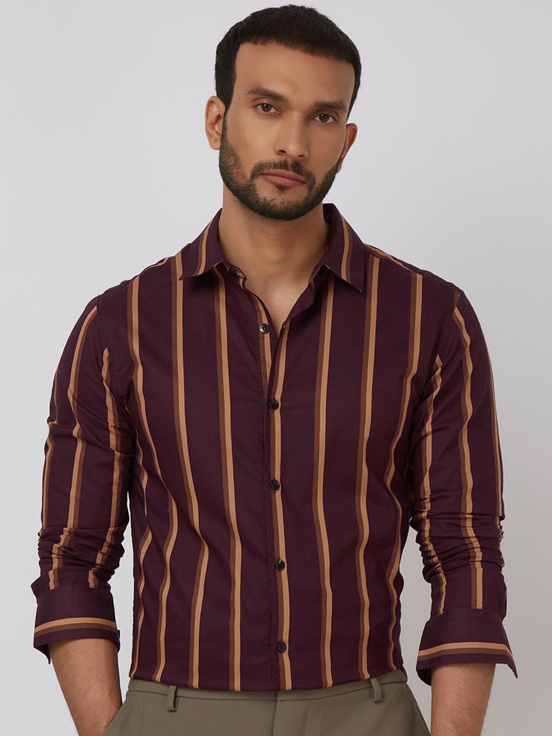 

Mufti Men Spread Collar Striped Cotton Slim Fit Casual Shirt, Maroon