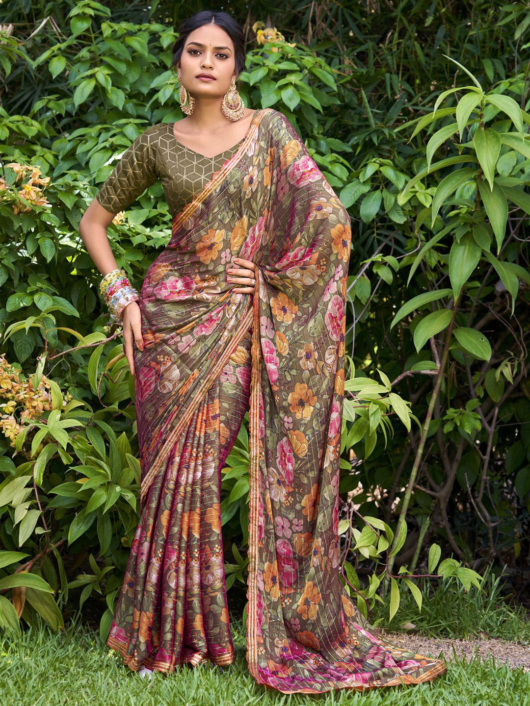 

Saree mall Floral Printed Sarees, Olive