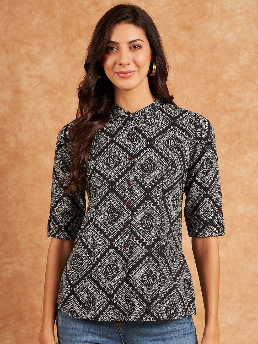 

Modeve Printed Mandarin Collar Cotton Shirt Style Top, Black