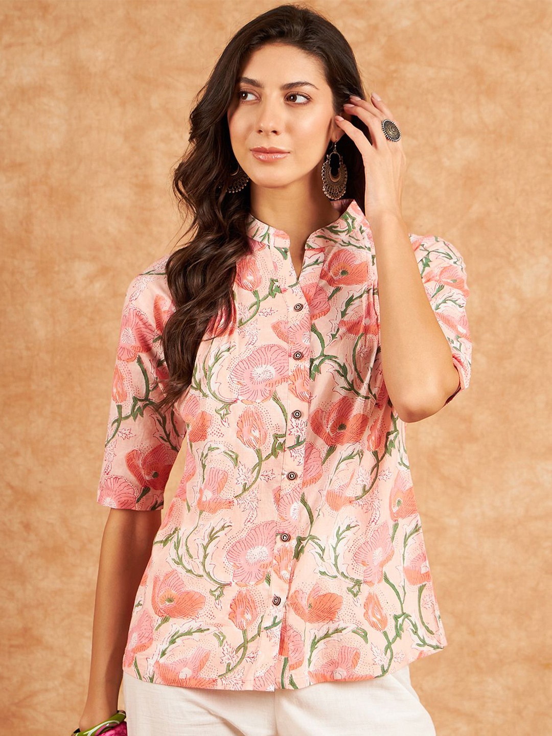 

Modeve Floral Printed Mandarin Collar Roll-Up Sleeves Cotton Shirt Style Top, Peach