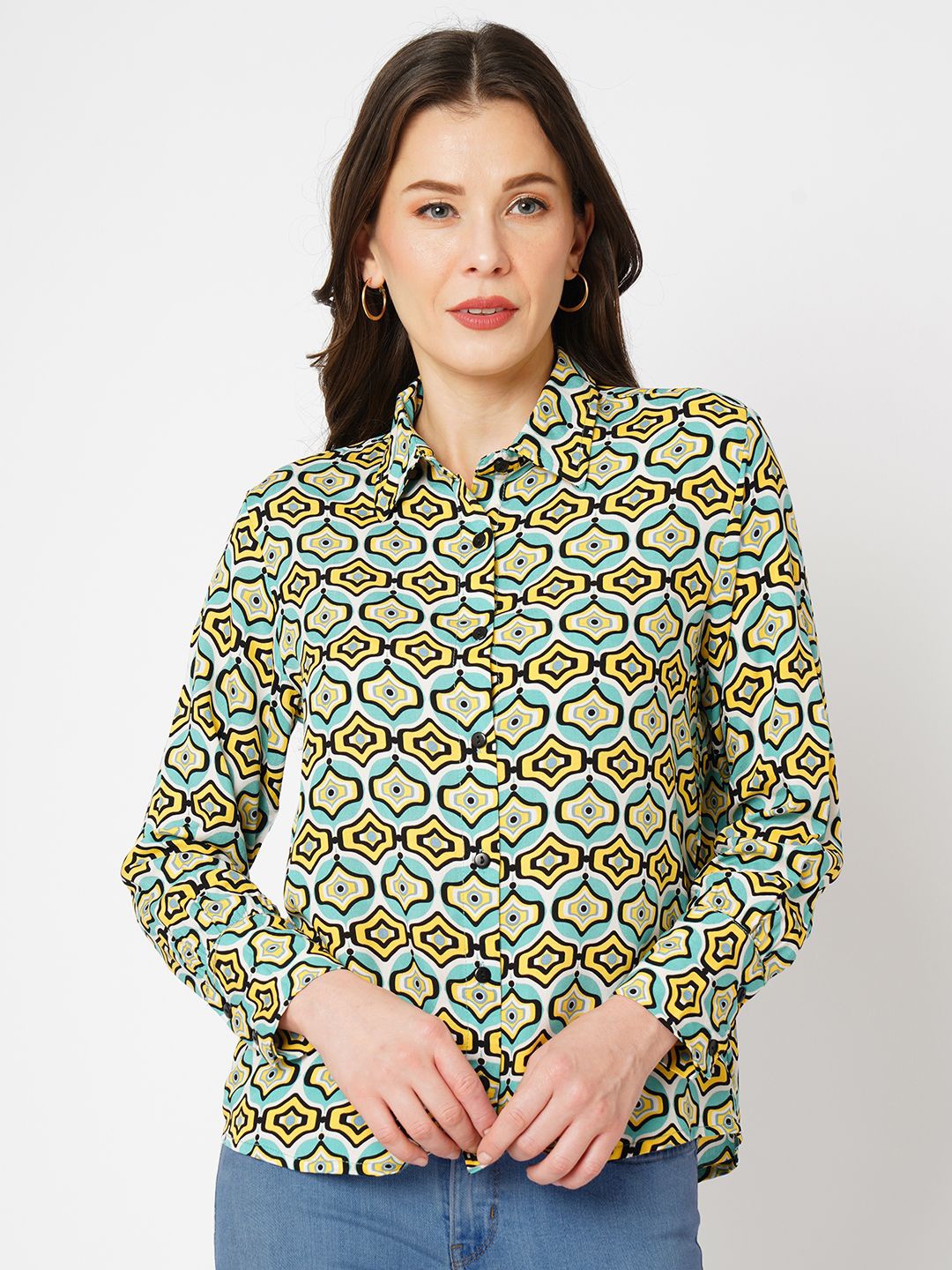 

ESTERIA Geometric Print Shirt Style Top, Green