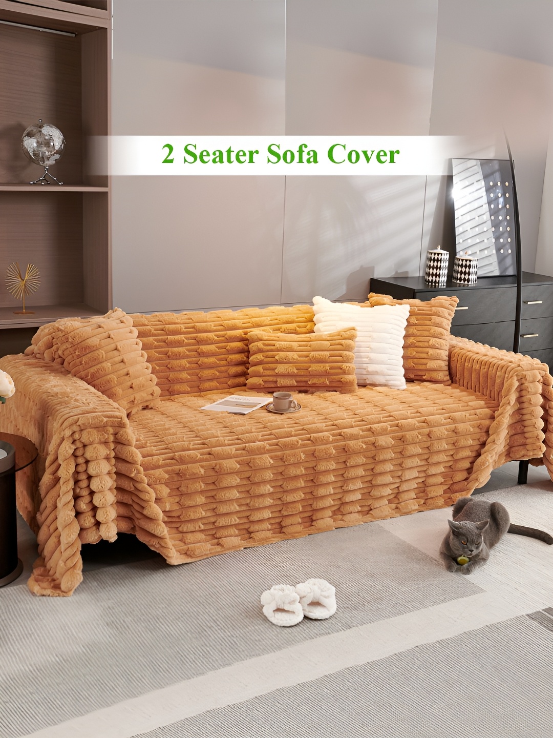 

HOKIPO Brown Plain Rabbit Plush 2 Seater Sofa Throw