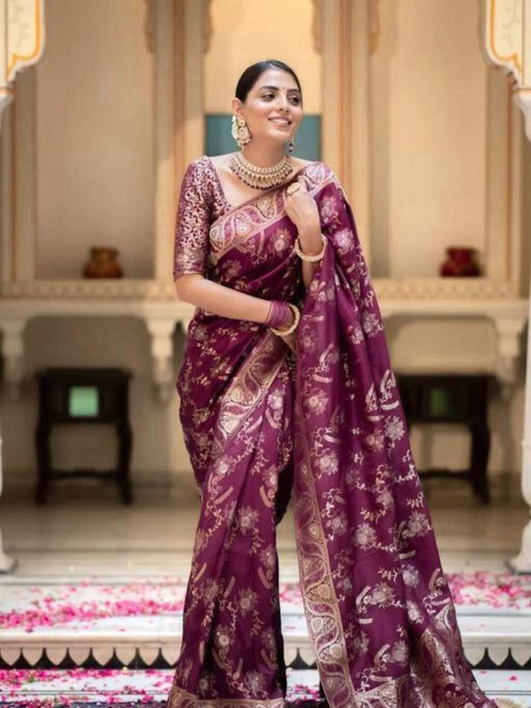 

SANJANA SILK Ethnic Motifs Zari Chanderi Saree, Magenta